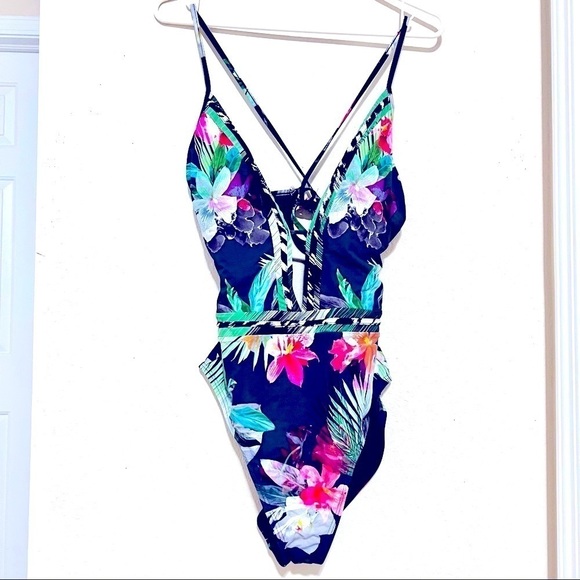 LA BLANCA Women's V-Front Keyhole One Piece Swimsuit Jungle size M - Picture 3 of 10